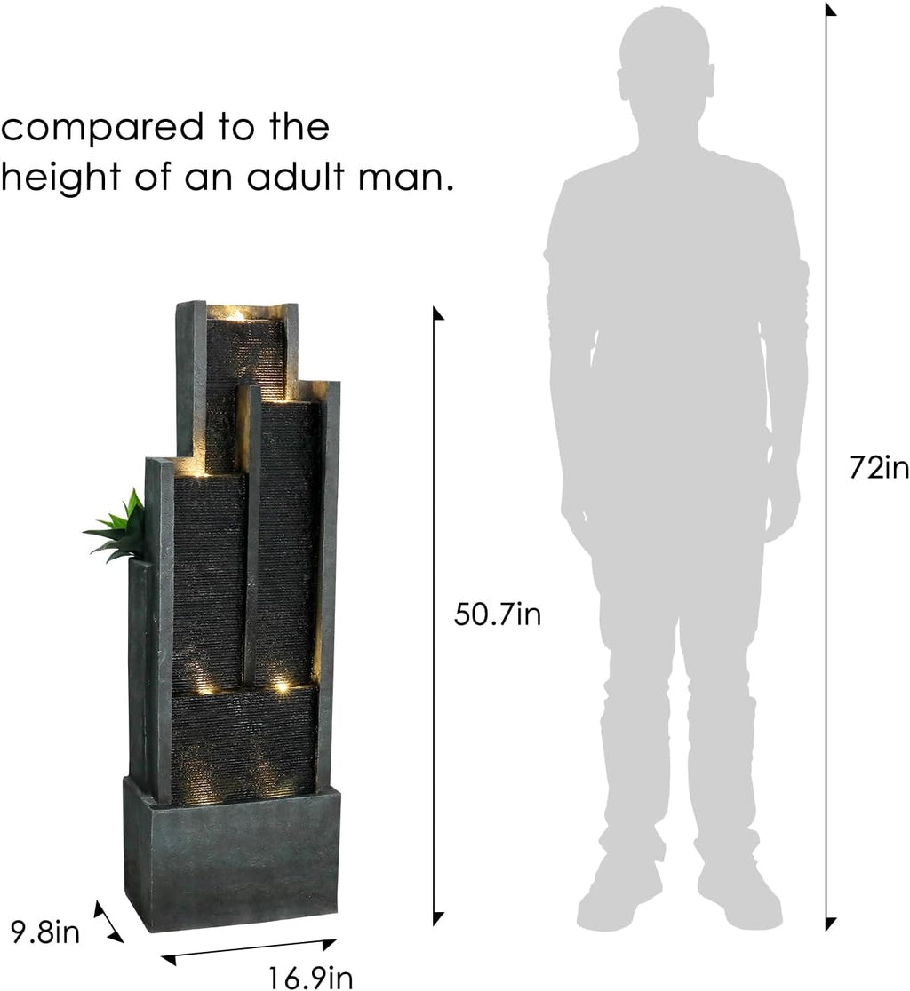 SunJet 4-Tier Modern Cascading Indoor/Outdoor Fountains and Waterfalls with LED Lights - 50.7' High Larger Water Fountain for Garden, Patio, Yard, and Deck Decor - Relaxing Water Fountain Outdoor