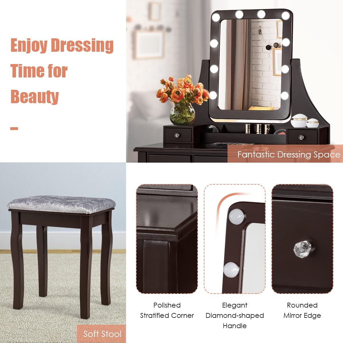 COSTWAY Vanity Desk Set with Lighted Mirror, 360° Swivel Vanity Mirror Desk w/ 10 LED Bulbs, Makeup Dressing Table with 5 Drawers, Vanity Table with Cushioned Stool for Bedroom, Women, Girls (Coffee)
