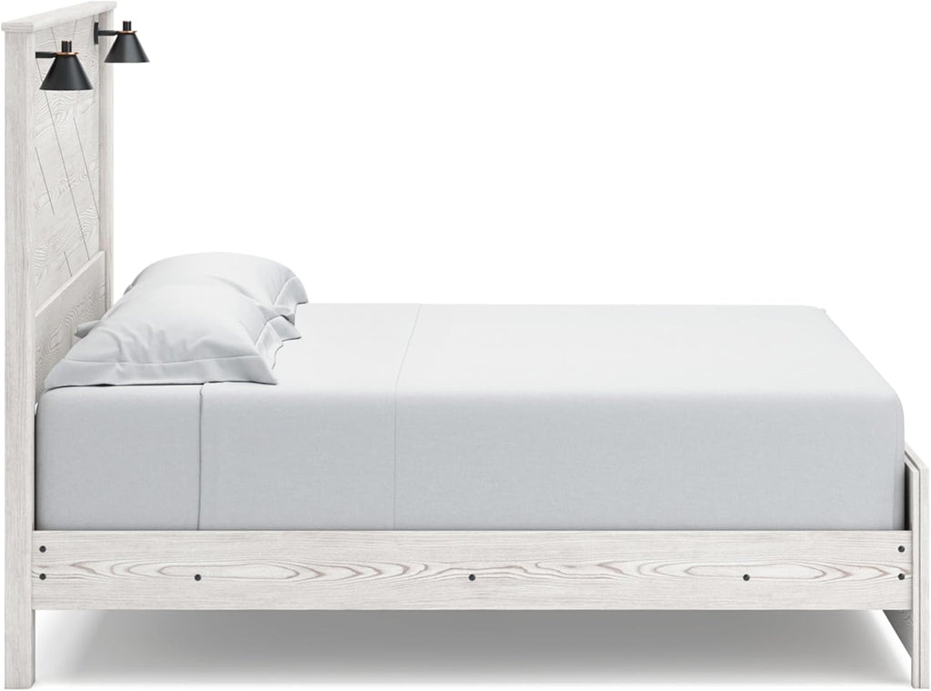Signature Design by Ashley Gerridan Casual King Panel Bed with Sconce Lights and Metal Slats, Foundation or Box Spring Needed, White