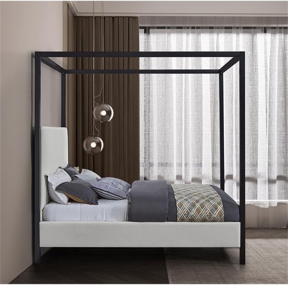 Meridian Furniture JamesBeige-Q James Collection Modern | Contemporary Queen Bed with Cream Linen Textured Fabric, Matte Black Steel Canopy, Full Slats, 65' W x 85' D x 86' H, Cream, Queen