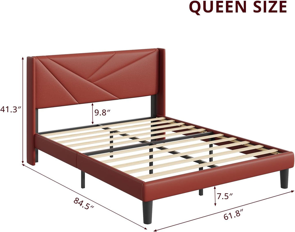 Queen Size Bed Frame with Upholstered Wingback Headboard, Easy Assemnly Platform Bed and Heavy Duty Wooden Slats Support, Noise-Free, No Box Spring Needed (Burgundy, Queen)