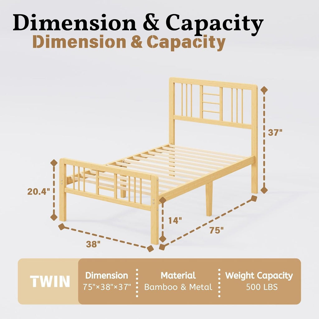 14 Inch Bamboo Wood Twin Size Platform Bed Frame with Headboard and Footboard, Metal Slat Support Bed Frame Twin Heavy Duty, No Box Spring Needed, Easy Assembly, Noise Free, Reinforced
