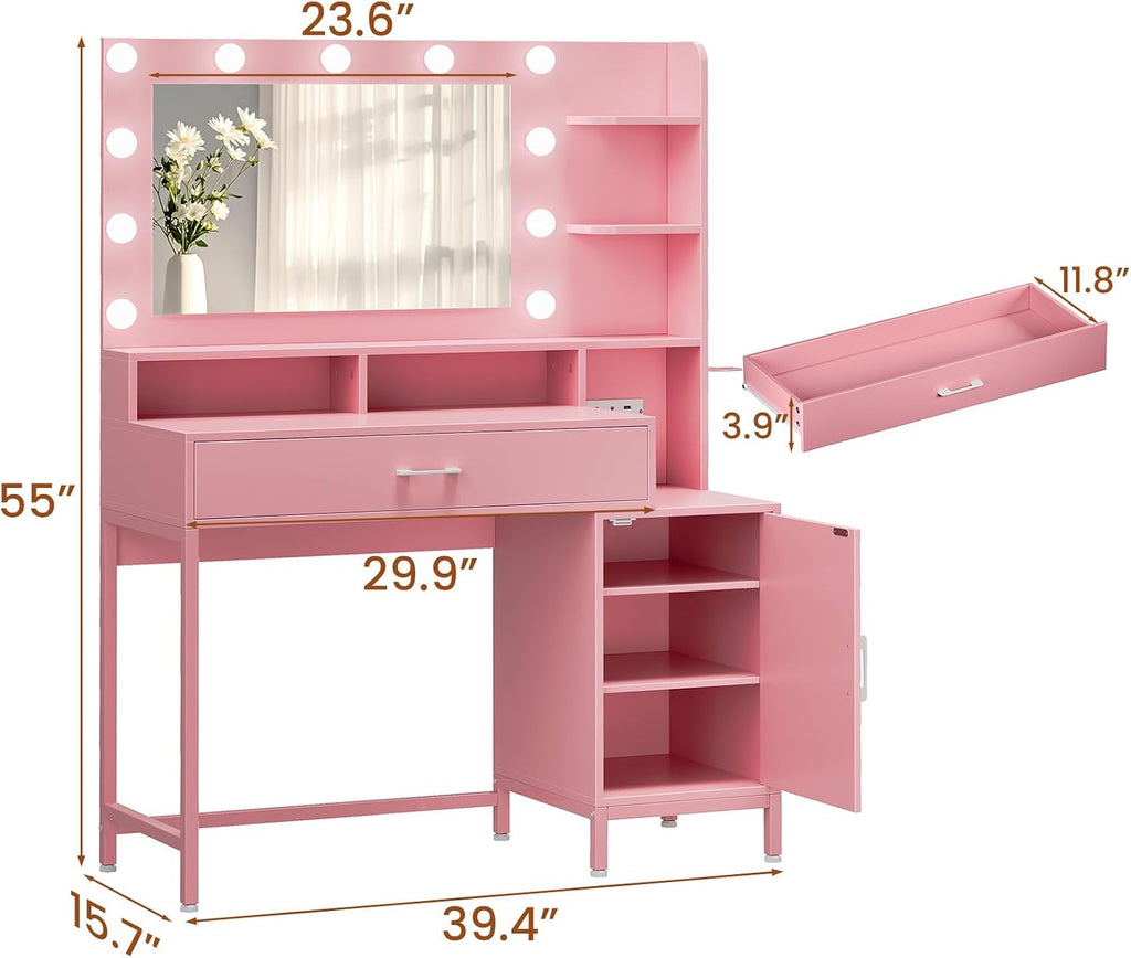 Driftalia Vanity Desk with Mirror and Lights, Makeup Vanity with Storage Drawer, Power Outlet and Large Cabinet for Bedroom - Pink
