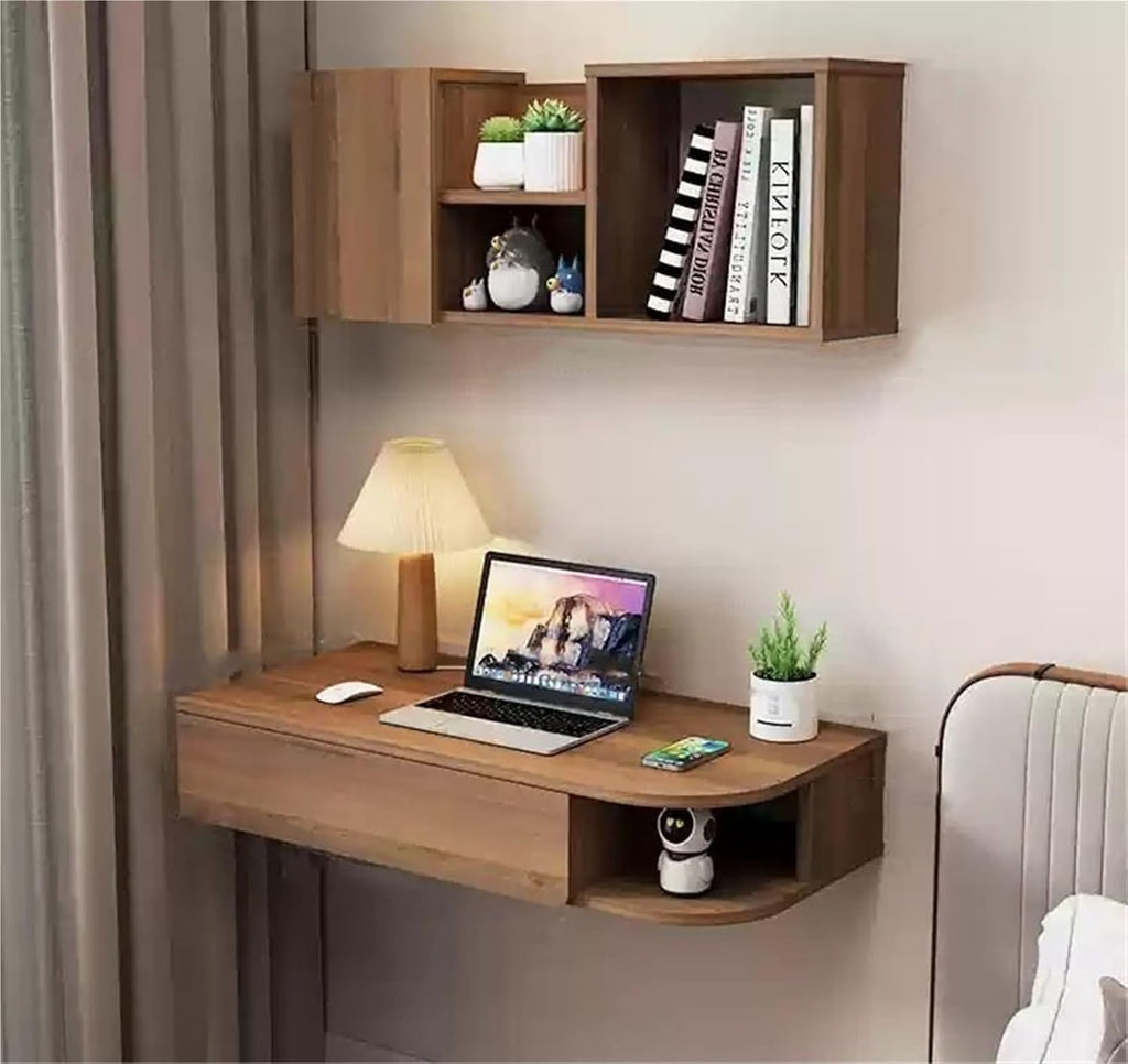 Vanity Set Dressing Table with Wall Mounted Bookshelf and Drawers Corner Floating Laptop Table Left/Right Config for Home Office Space Saver(Brown,80 cm Right)
