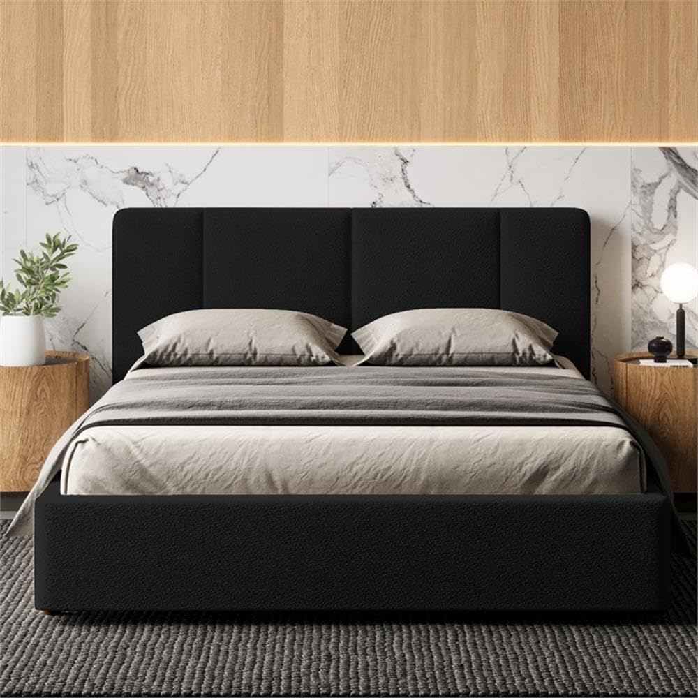 Venice Upholstered Platform Bed | Box Spring Not Required | (Black Boucle, Queen Bed Frame)