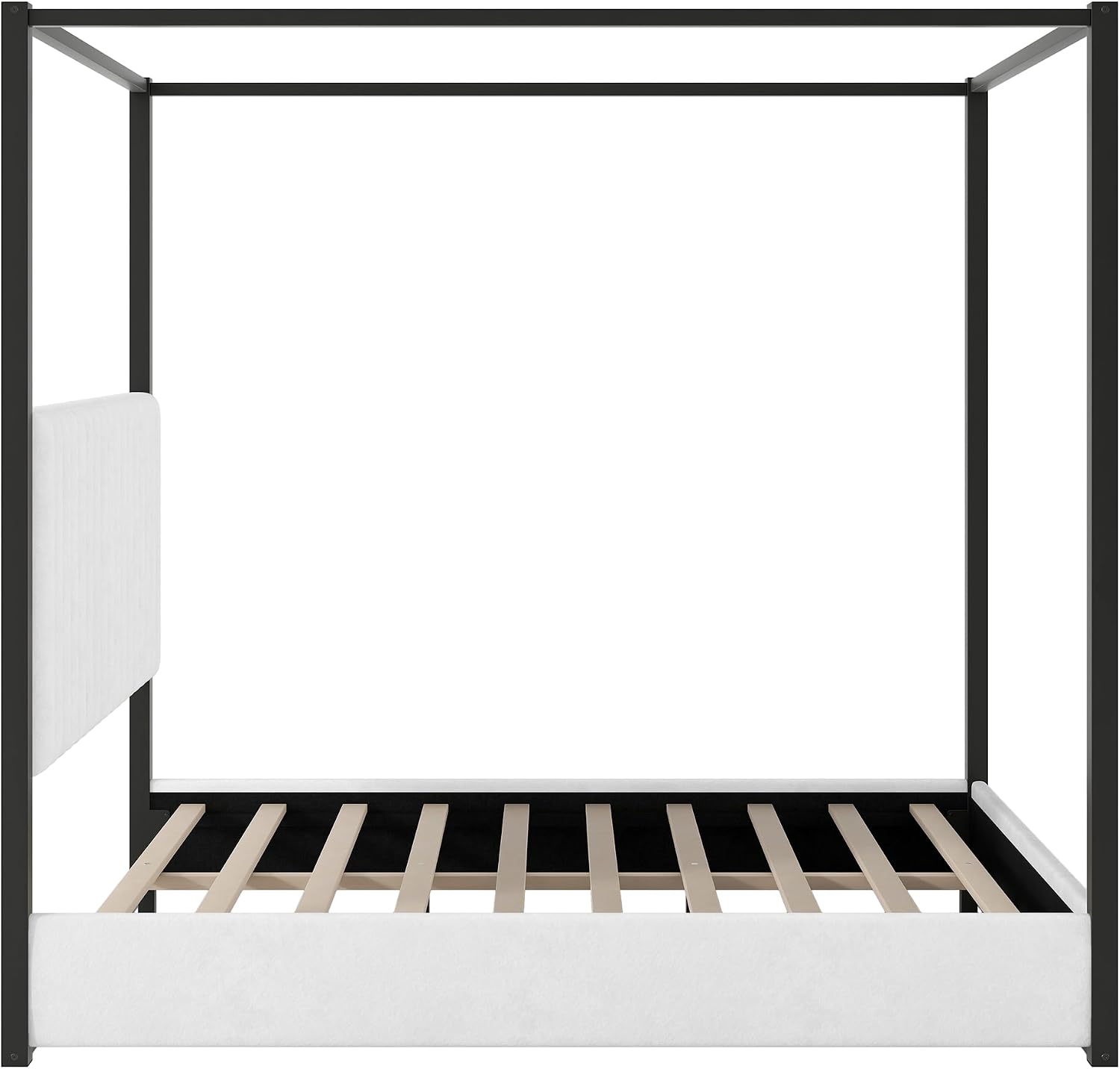 LUMISOL Queen Size Upholstered Canopy Bed, Black 4 Poster Bed with Tall Headboard, Velvet Upholstered Canopy Platform Bed with Wood Slats Support, No Box Spring Needed, Black + White