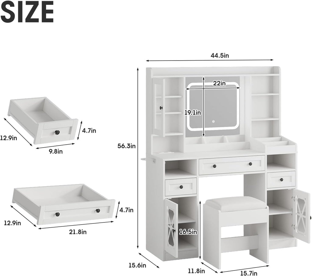 44.5' W Large Vanity Desk with Mirror,Cushioned Stool Makeup Vanity Table Set with Adjustable LED Lights and Power Outlet,Storage Drawers,Shelves for Bedroom Dressing Room White