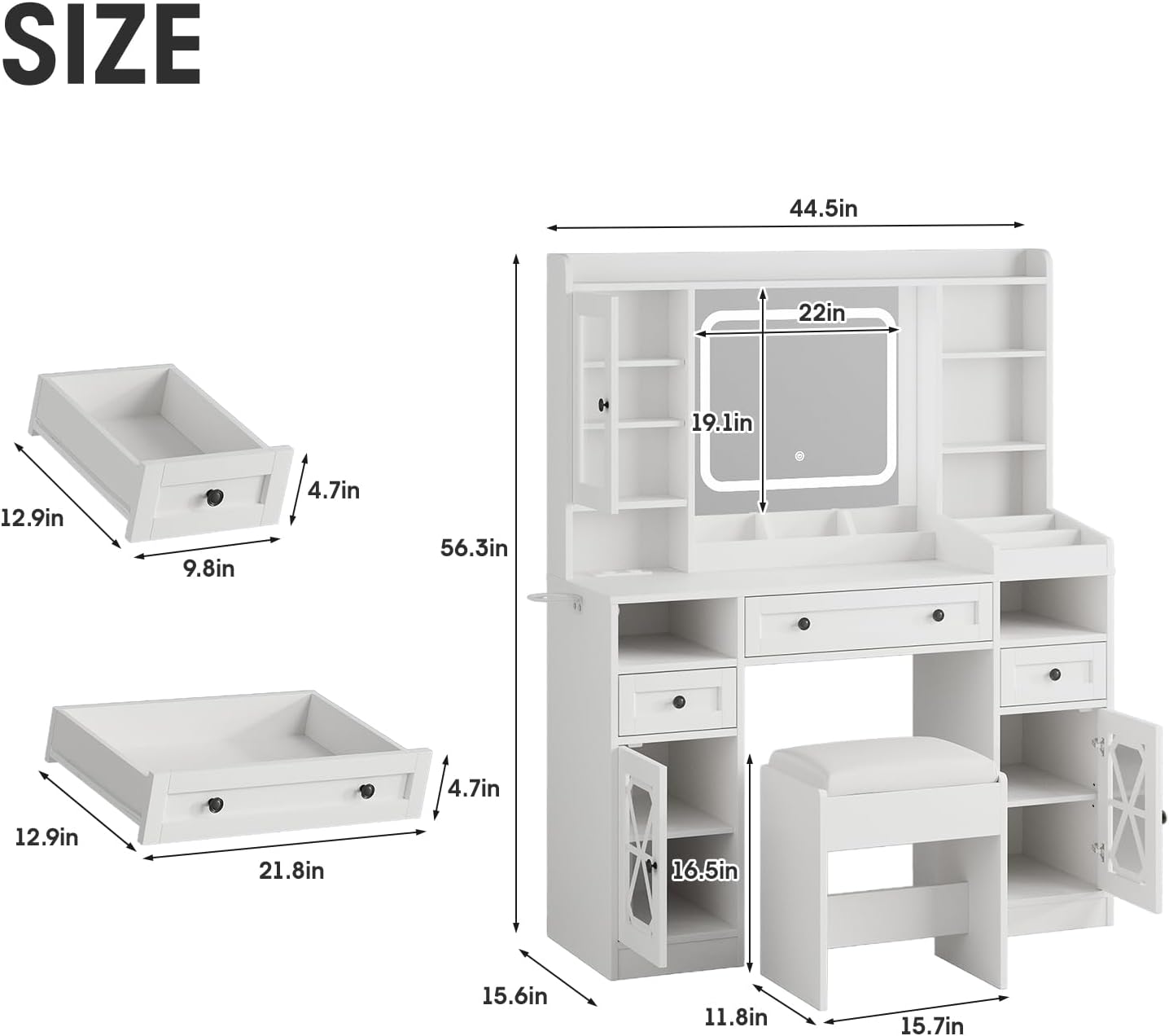 44.5' W Large Vanity Desk with Mirror,Cushioned Stool Makeup Vanity Table Set with Adjustable LED Lights and Power Outlet,Storage Drawers,Shelves for Bedroom Dressing Room White