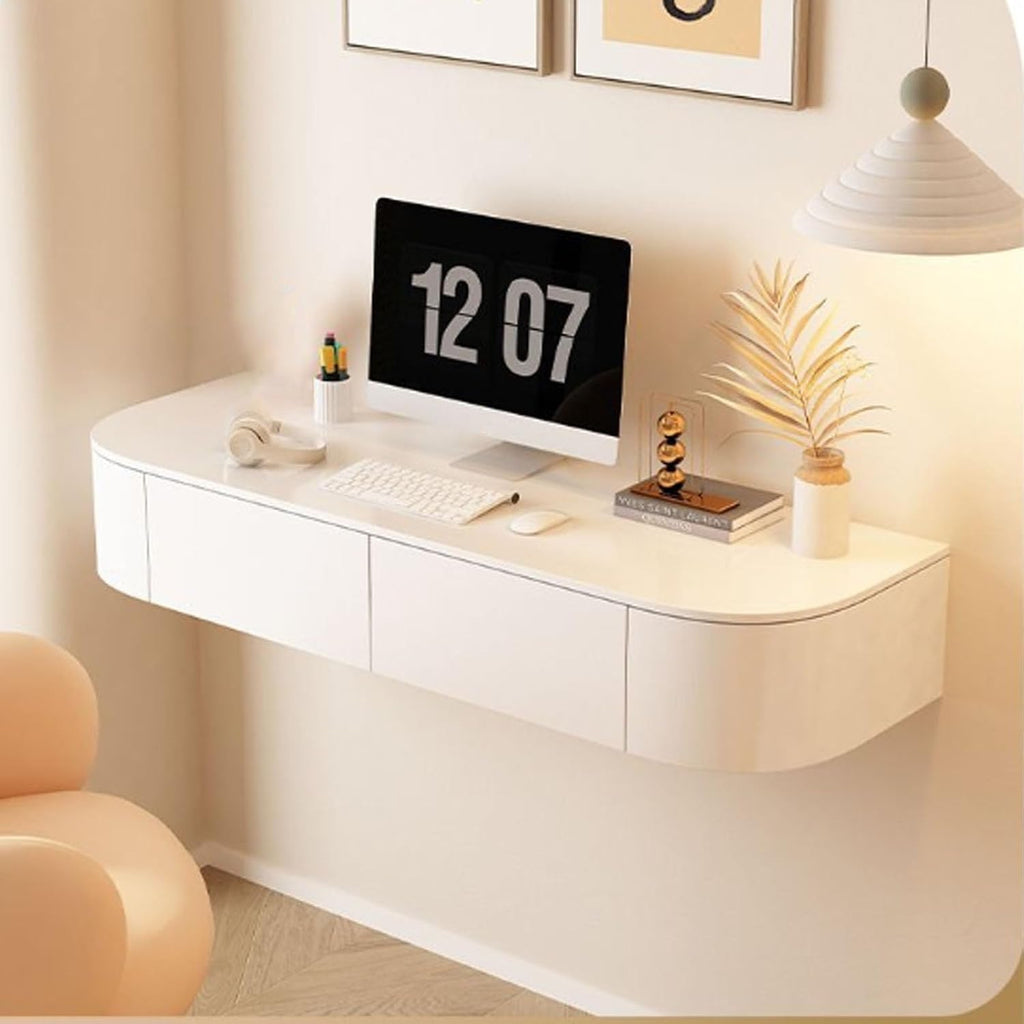 Floating Vanity Makeup Table, Modern White Suspended Desk with Drawers, Wall Mounted Corner Dressing Desk, Wood Hanging Nightstand for Bedroom(White Left,120cm/47.2in)