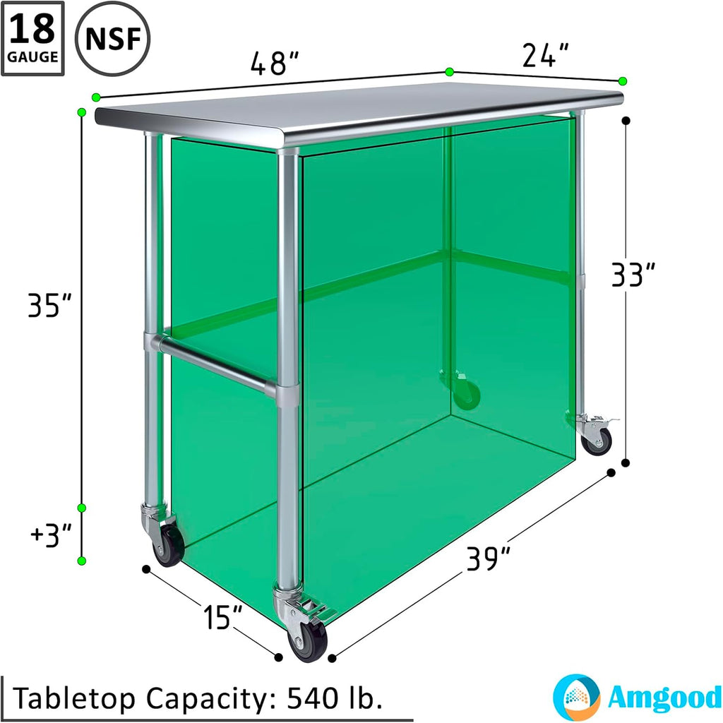 AmGood Stainless Steel Work Table Open Base & Wheels | Work Station | Metal Work Bench (Stainless Steel Work Table Open Base + Casters, 48' Long x 24' Deep)