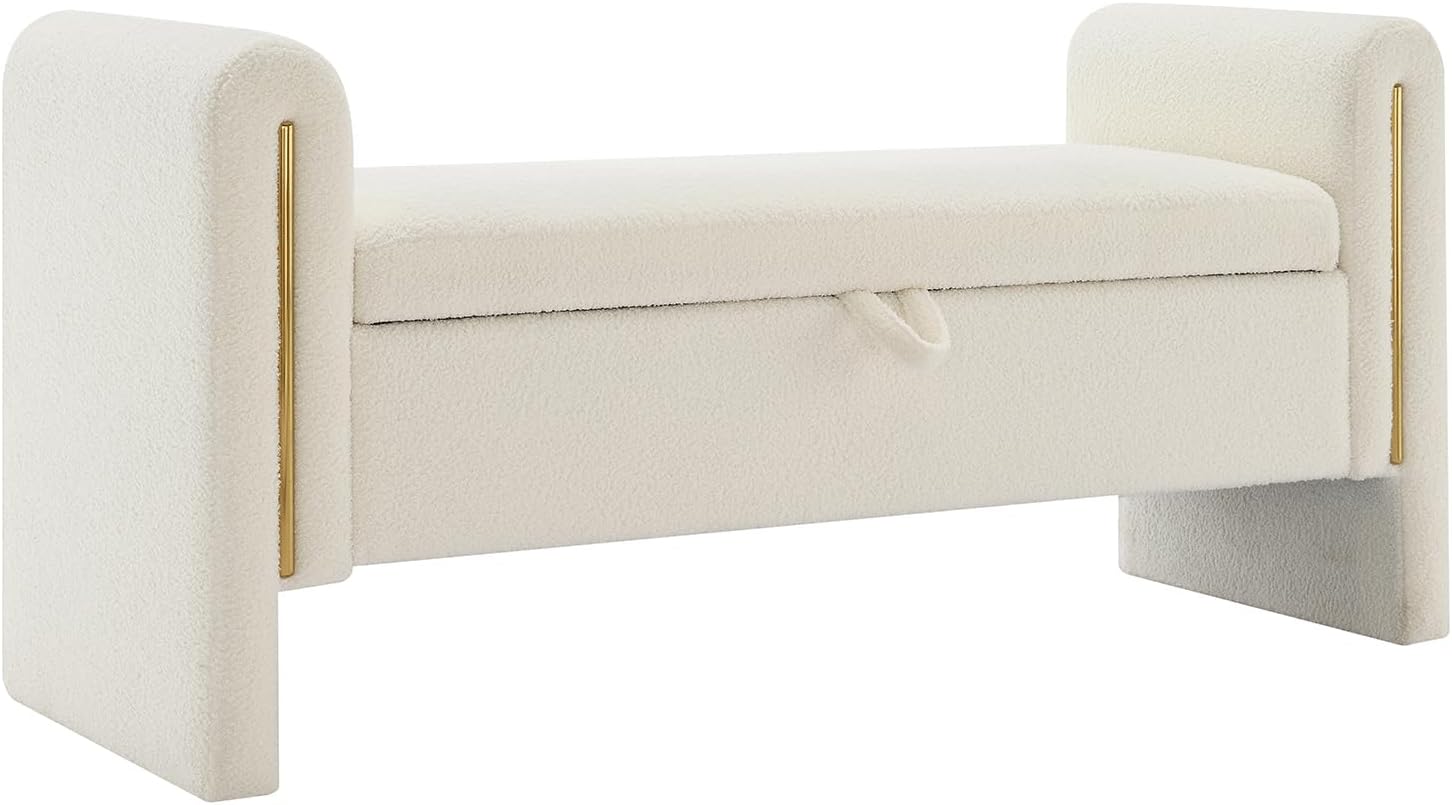 JIJIWANG Modern Bed End Bench with Arms and Storage, Upholstered Bed Bench Entryway Bench Ottoman Comfy Window Vanity Bench Footstool for Living Room,Bedroom,Cream