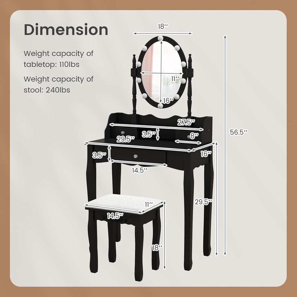 GOFLAME Vanity Table Set with Rotatable Mirror, Makeup Vanity Desk with 3-Color Dimmable LED Lights, 3 Drawers and Cushioned Stool, Dressing Table Set for Bedroom Studio (Black)