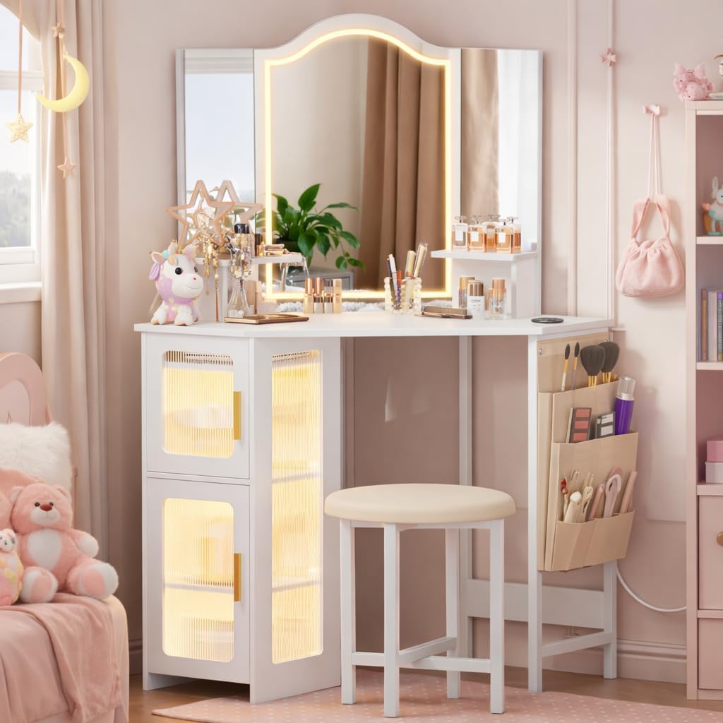 LVSOMT Corner Makeup Vanity Desk with Mirror and Lights, 44' Dressing Table with Charging Station, Makeup Table with Stool, Storage Cabinet and Adjustable Shelf, Bedroom Vanity for Girls Women, White