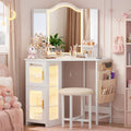 LVSOMT Corner Makeup Vanity Desk with Mirror and Lights, 44' Dressing Table with Charging Station, Makeup Table with Stool, Storage Cabinet and Adjustable Shelf, Bedroom Vanity for Girls Women, White