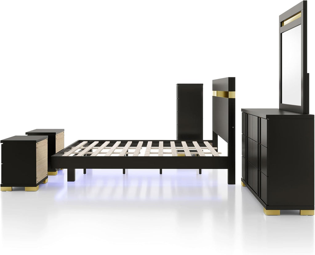 Furniture of America Ansten Modern Wood 6-Piece Platform Bedroom Set with Gold Trim, Underbed LED, Dust Proof Cases, Bracketed Metal Legs, No Box Spring Needed, Full, Black