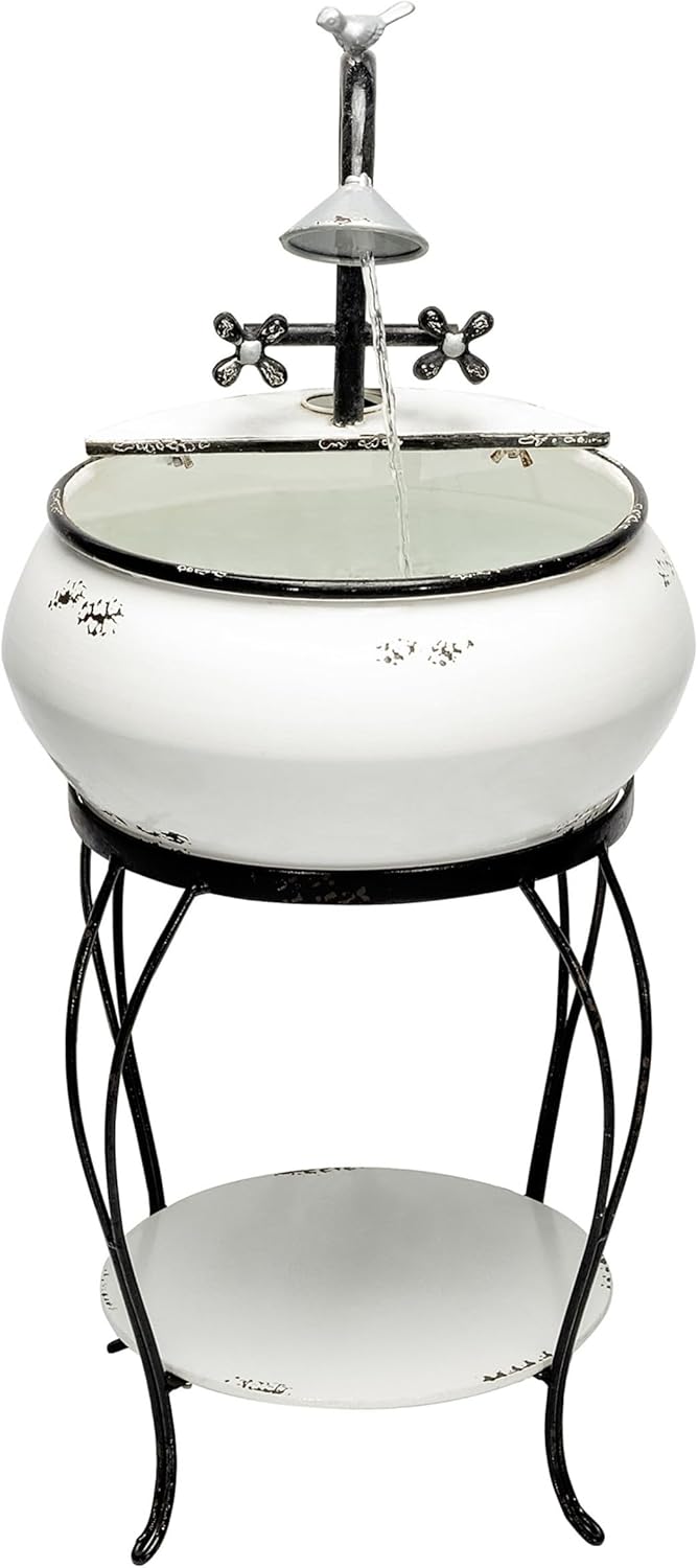 Alpine Corporation YHL170 32' Indoor/Outdoor Antique Metal Sink Water Fountain with Stand – Charming Waterfall Feature for Garden, Patio & Home Decor, White