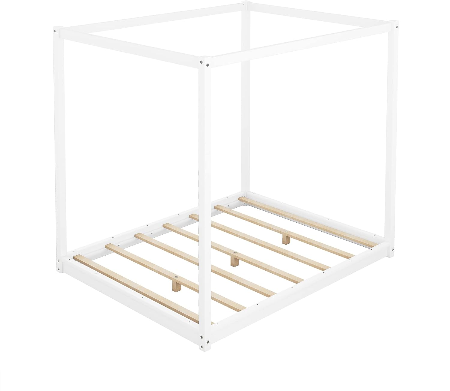 Merax Queen Size Canopy Bed with Support Legs, Queen Size/Mattress Foundation with Wood Slats, 4 Poster Platform Bed Canopy Bed, White