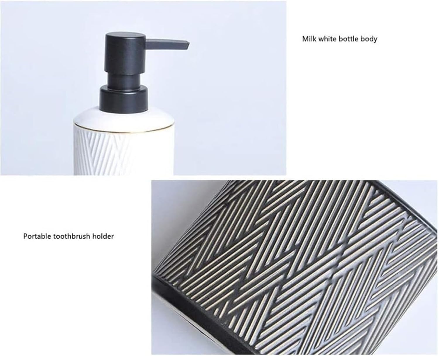 Vanity Bathroom Decor, 6pcs Bathroom Accessories Set Geometric Design Ceramic Bathroom Accessory Set with Soap Dispenser Housewarming Gift(Black)