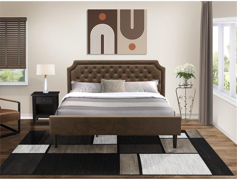 Pemberly Row Traditional 2-Piece Wood King Bedroom Set, Brown & Black Finish, Engineered Wood & Faux Leather, Upholstered Bed with Solid Wood Slats, Mid-Century Nightstand, Easy Assembly