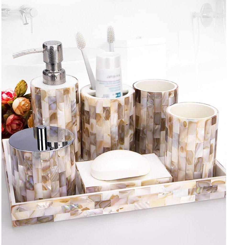 Vanity Bathroom Decor, European Bathroom Accessories Set Shell Resin Bath Supplies Soap Dispenser Toothbrush Cup Holder Housewarming Gift(7pcs)