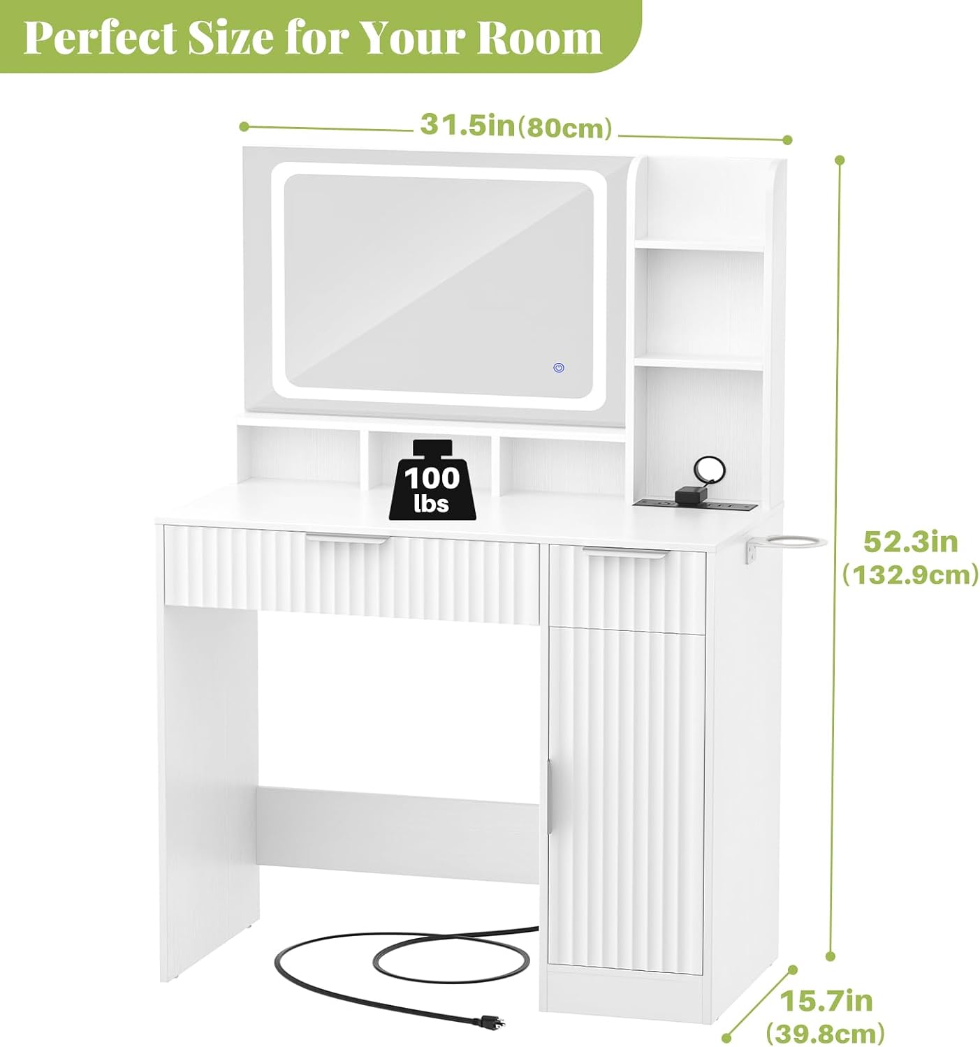 Cyclysio Fluted Vanity Desk with Mirror and Lights, Wood Makeup Vanity Desk with Power Strips, Modern Dressing Table with Drawers & Cabinet for Bedroom, White