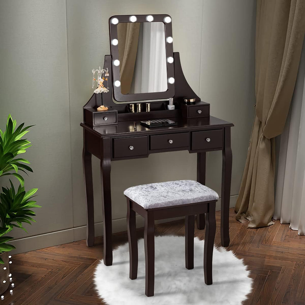 COSTWAY Vanity Desk Set with Lighted Mirror, 360° Swivel Vanity Mirror Desk w/ 10 LED Bulbs, Makeup Dressing Table with 5 Drawers, Vanity Table with Cushioned Stool for Bedroom, Women, Girls (Coffee)
