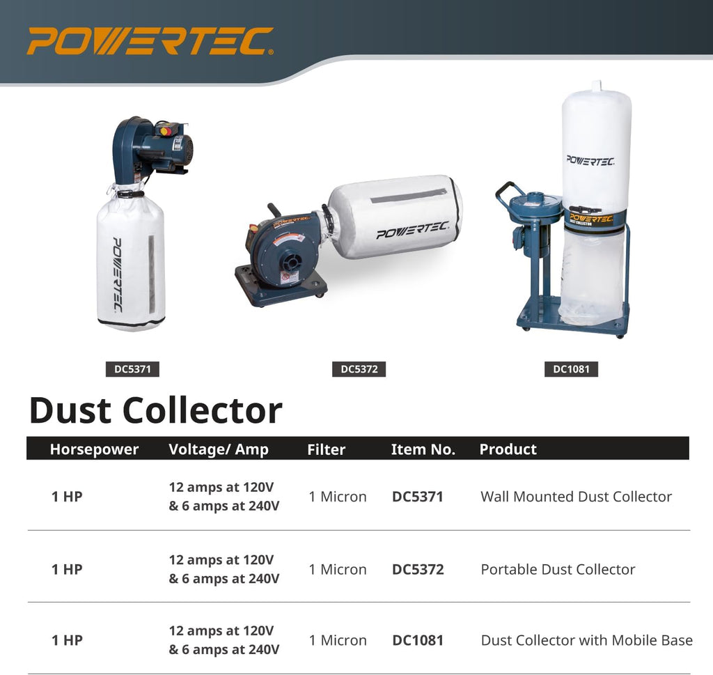 POWERTEC 1 HP Dust Collector with 1 Micron Dust Collector Bags and Mobile Base, Dust Collectors with 800 CFM for Woodworking Dust Collection System (DC1081)