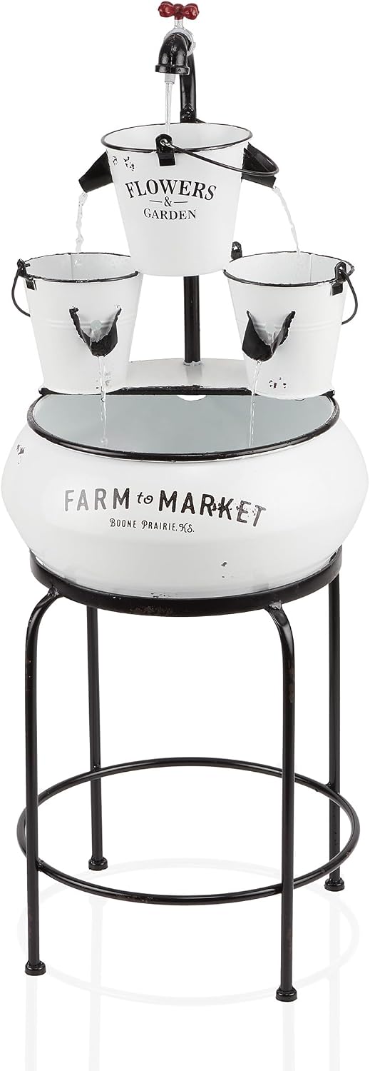 Alpine Corporation YHL424 36' Outdoor Floor Buckets with Faucet Water Fountain – Vintage Buckets Garden Water Feature, Charming Outdoor Fountain for Patio & Yard, White