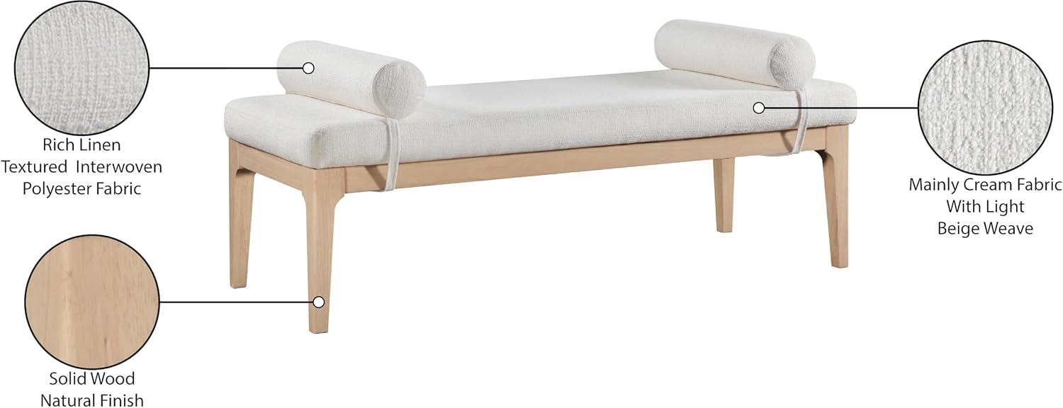 Meridian Furniture 22072Cream Priscilla Collection Art Deco Bench with Rich Linen Textured Interwoven Polyester Fabric, Light Beige Weave, Finished Solid Wood, 52' W x 22' D x 23.5' H, Cream