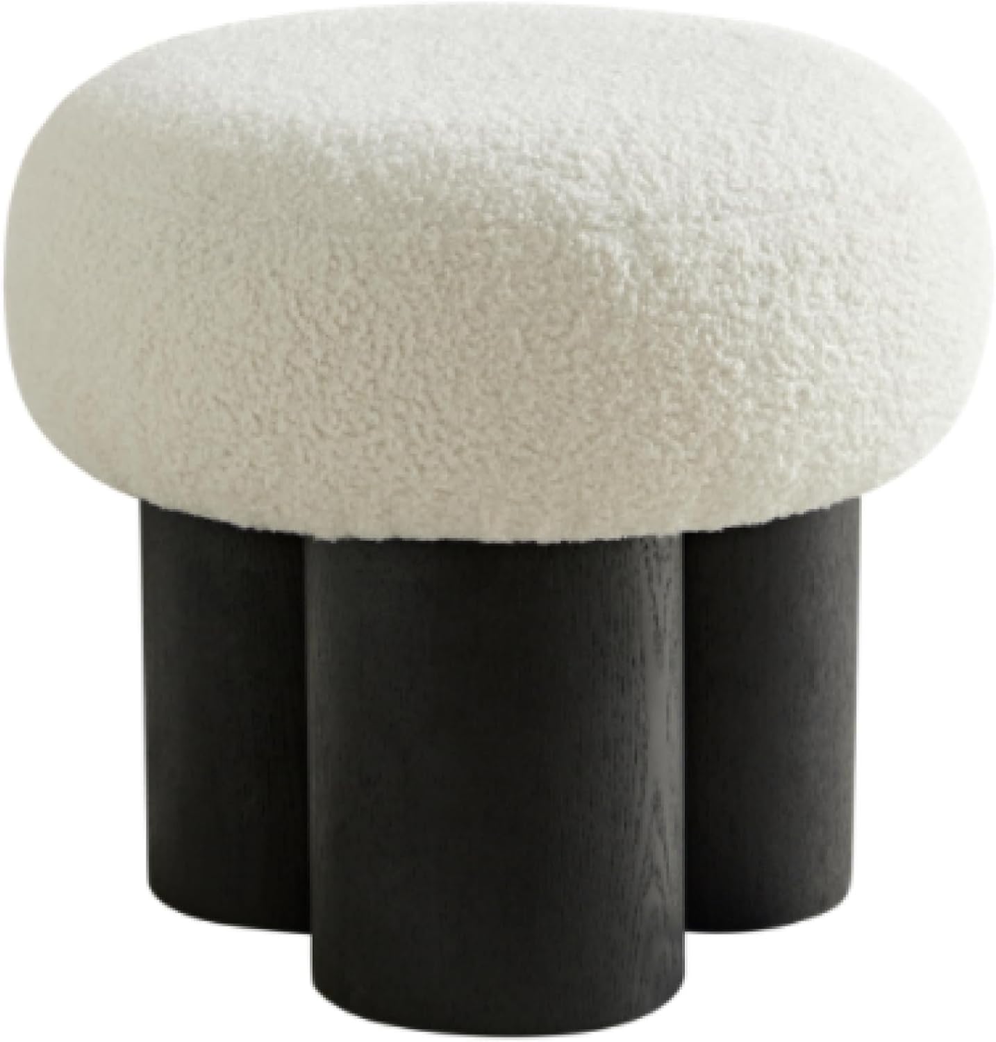 Mushroom Ottoman Stool with Teddy Fabric Upholstery, Round Foot Rest Seat, Walnut Veneer Look Barrel Base, Accent Vanity Seating for Entryway Living Room Bedroom Sofa Side Corner Decor (Black)