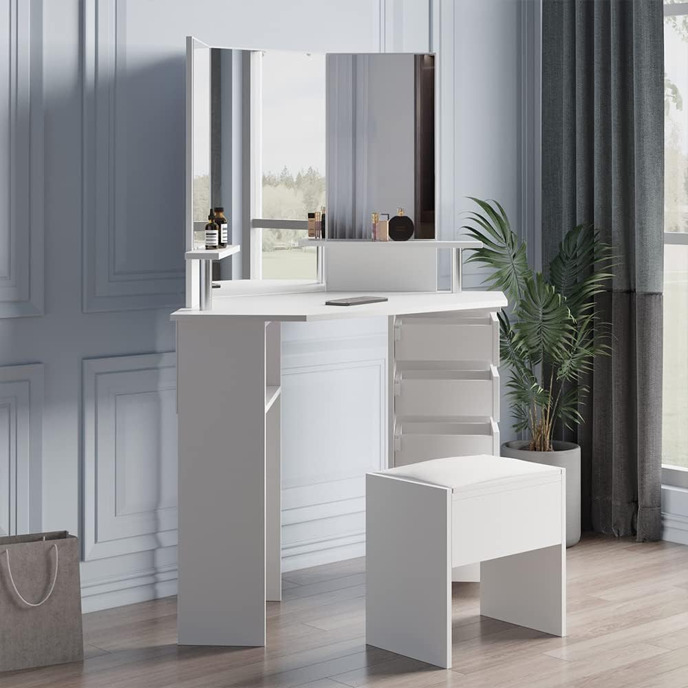 Corner Vanity Unit, Vanity Unit with Mirror Drawers, Modern Bedroom Corner Freestanding Floor-to-Ceiling Storage Unit with Shelves, Bench Not Included