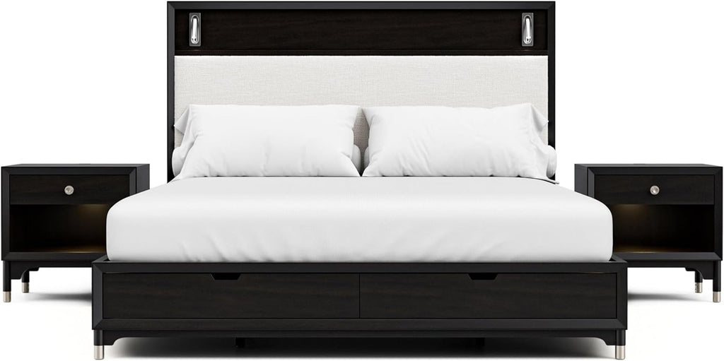 Furniture of America Forma Modern Solid Wood 3-Piece Bedroom Set with Storage Bed with LED Reading Lights, Ball-Bearing Glide, USB Charging Ports on Nightstands, No Box Spring Needed, King, Black
