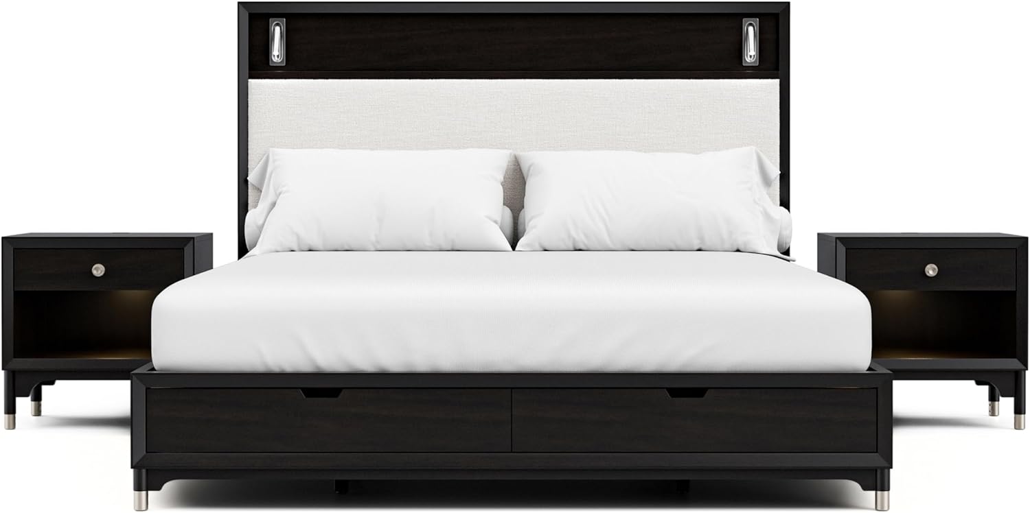 Furniture of America Forma Modern Solid Wood 3-Piece Bedroom Set with Storage Bed with LED Reading Lights, Ball-Bearing Glide, USB Charging Ports on Nightstands, No Box Spring Needed, King, Black