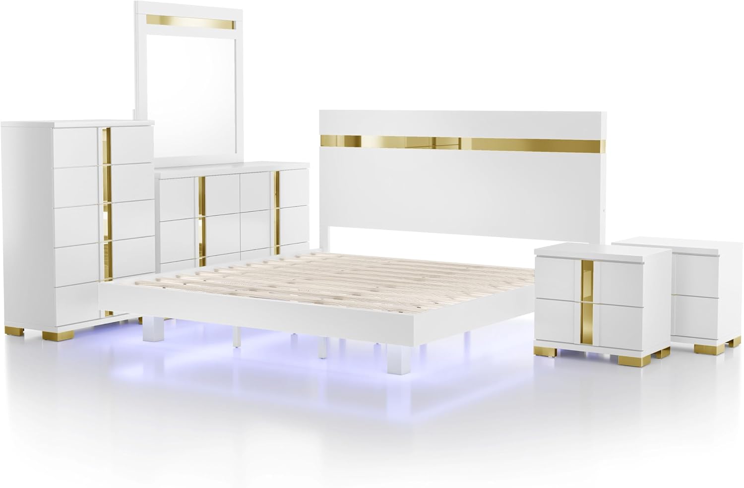 Furniture of America Ansten Modern Wood 6-Piece Platform Bedroom Set with Gold Trim, Underbed LED, Dust Proof Cases, Bracketed Metal Legs, No Box Spring Needed, Twin, White