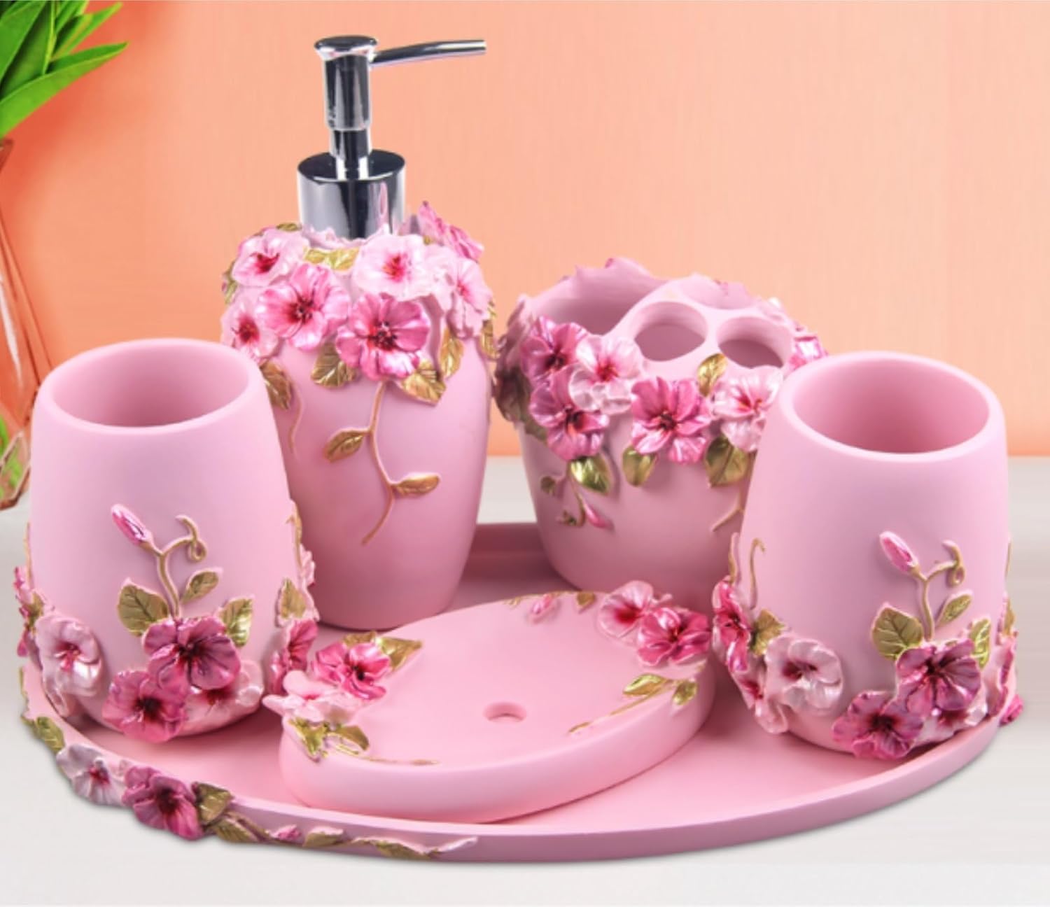 Vanity Bathroom Decor, 6pcs Liquid Dispenser Bathroom Accessories Set Resin Bathroom Set Toothbrush Holder Soap Dish 2 Tumblers Housewarming Gift