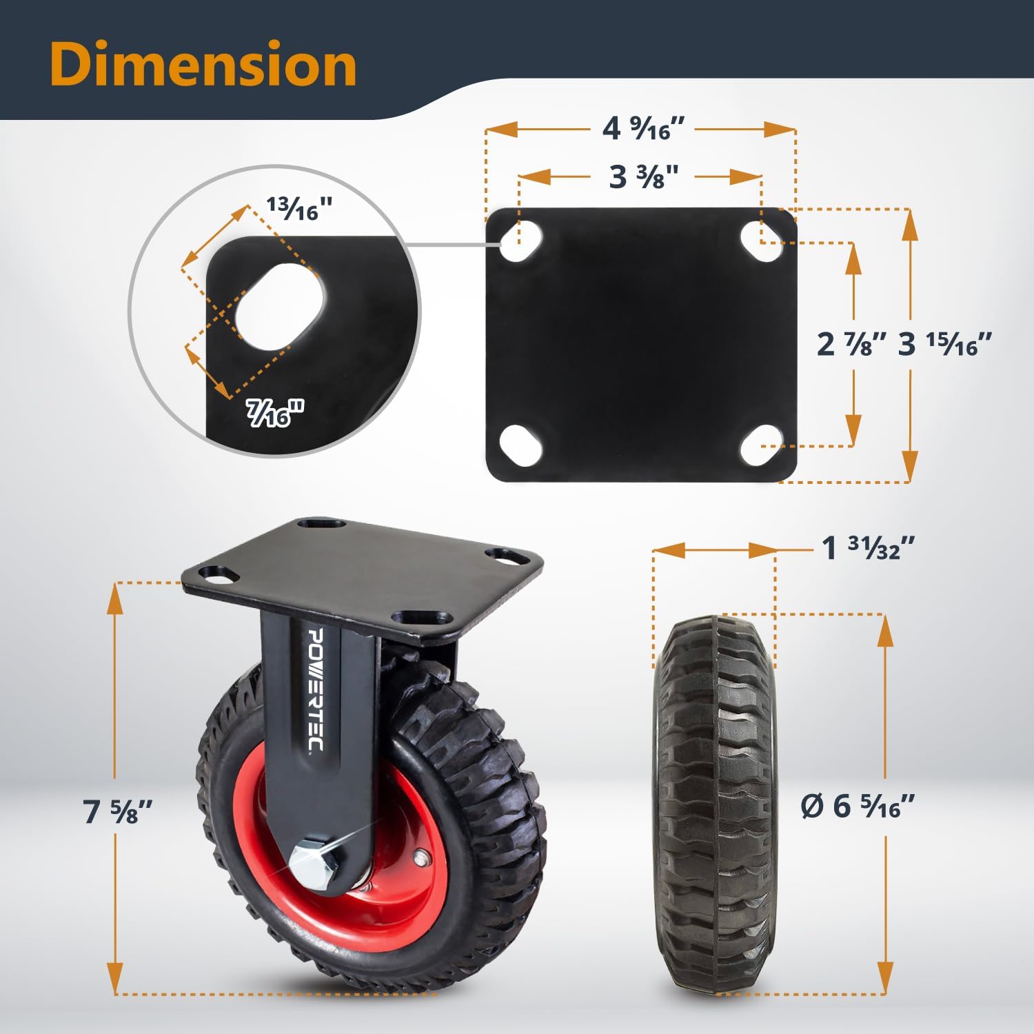 POWERTEC 6 Inch Caster Wheels Set of 8, Heavy Duty Fixed Plate Casters with Rubber Knobby Tread for Workbench, Dolly, Cart, Trolley, Wagon, Toolbox and Chicken Coop, Large Castor Wheels (17052-P8)