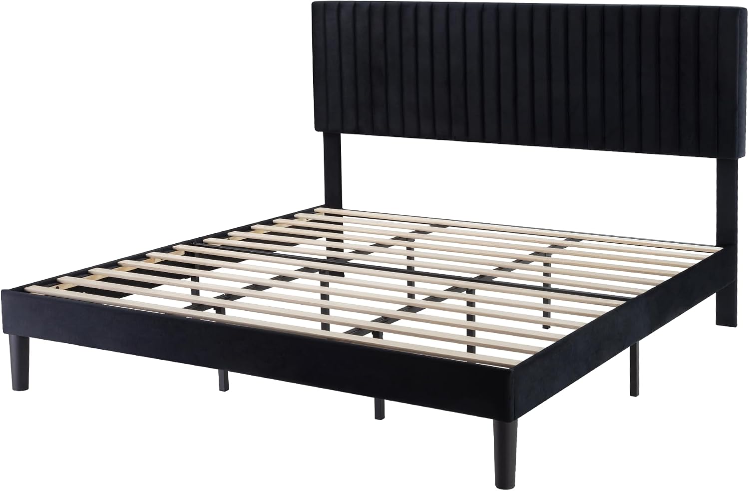SHA CERLIN King Upholstered Platform Bed Frame with Adjustable Headboard/Vertical Channel Tufted Velvet Fabric/Wooden Slats Support/Mattress Foundation/Box Spring Optional/Black