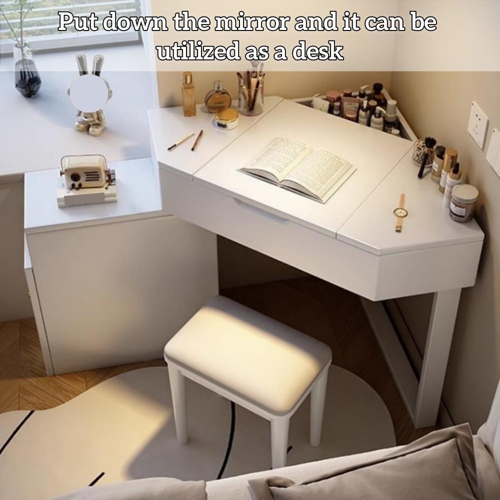 Corner Vanity Desk, Makeup Table with Mirror and Chair, Dual-Purpose Makeup Vanity, Solid Wood Vanity Table for Bedroom(Brown)