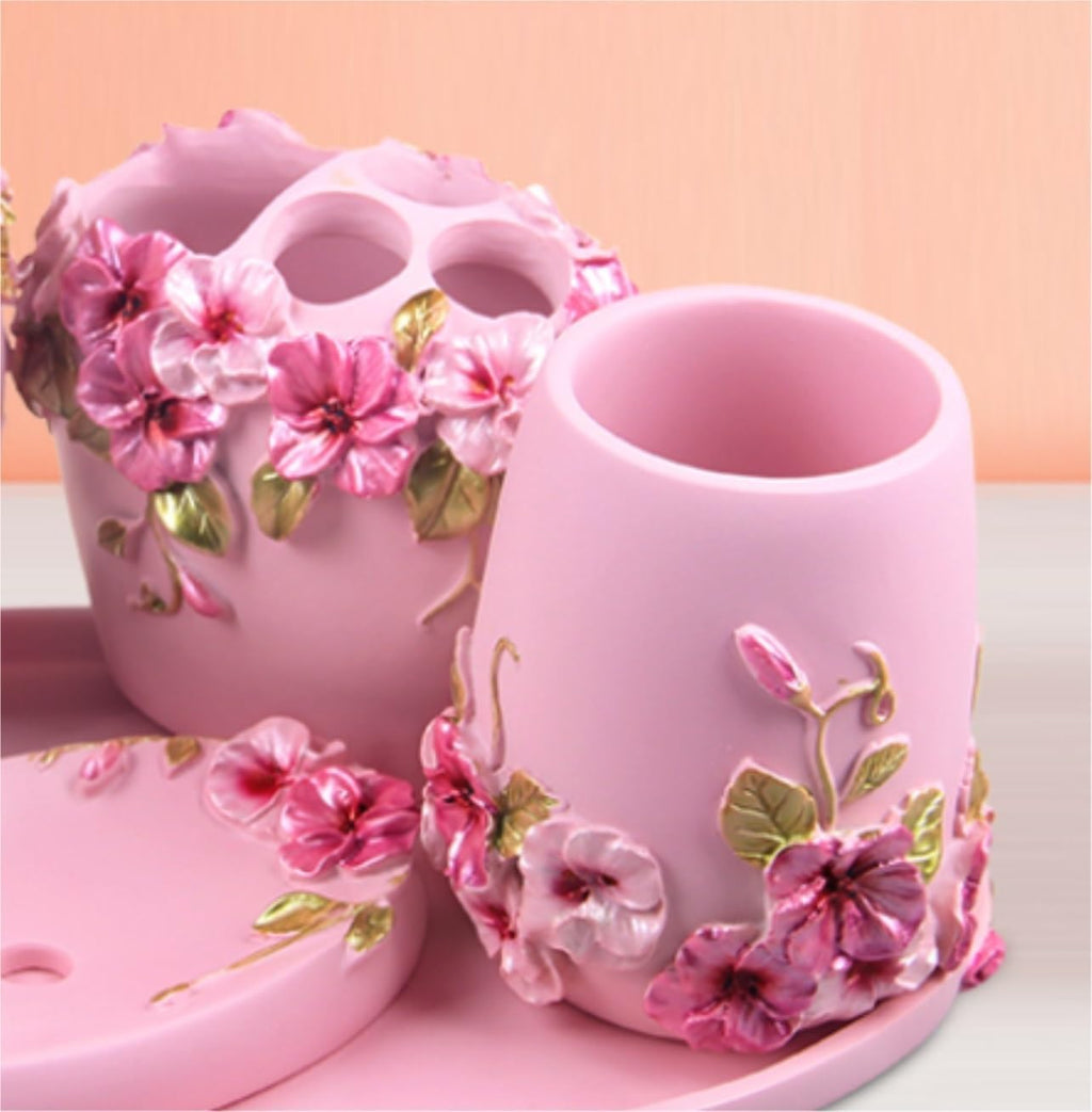 Vanity Bathroom Decor, 6pcs Liquid Dispenser Bathroom Accessories Set Resin Bathroom Set Toothbrush Holder Soap Dish 2 Tumblers Housewarming Gift