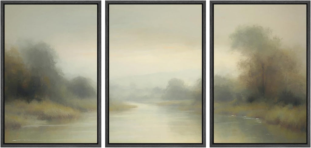 SIGNWIN Framed Wall Art Print Set Misty River Landscape Soft Neutral Nature Scene Photography Modern Art Closeup Relax/Calm Dark for Living Room, Bedroom, Office - 24'x36'x3 Black