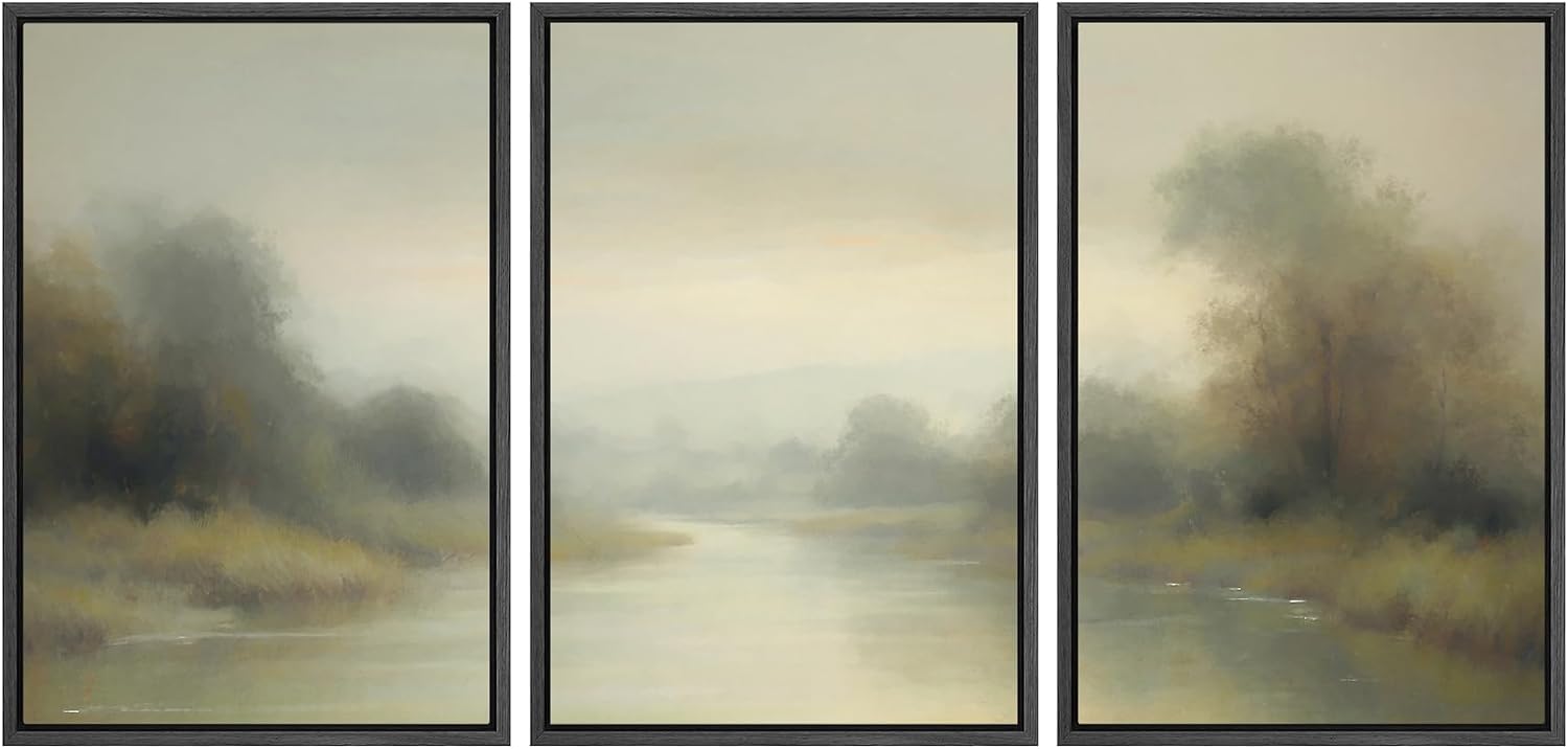 SIGNWIN Framed Wall Art Print Set Misty River Landscape Soft Neutral Nature Scene Photography Modern Art Closeup Relax/Calm Dark for Living Room, Bedroom, Office - 24'x36'x3 Black