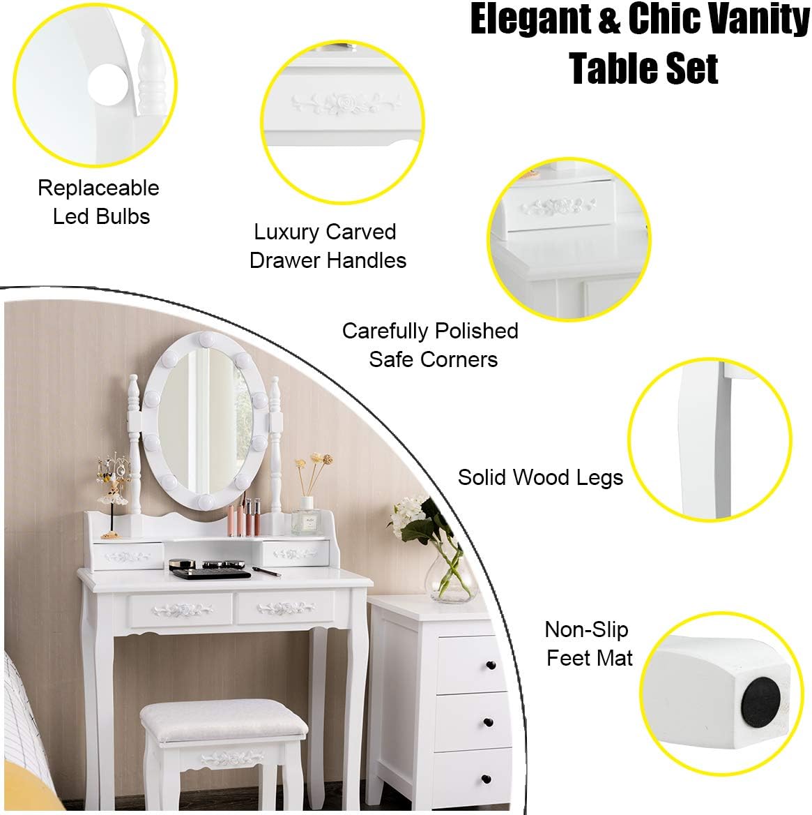 DORTALA Vanity Table Set, Makeup Table with 10 Dimmable Bulbs Lighted Mirror & 4 Drawers, Cushioned Stool, Solid Wood Leg, Classic Dressing Table Set for Home, Salon, White