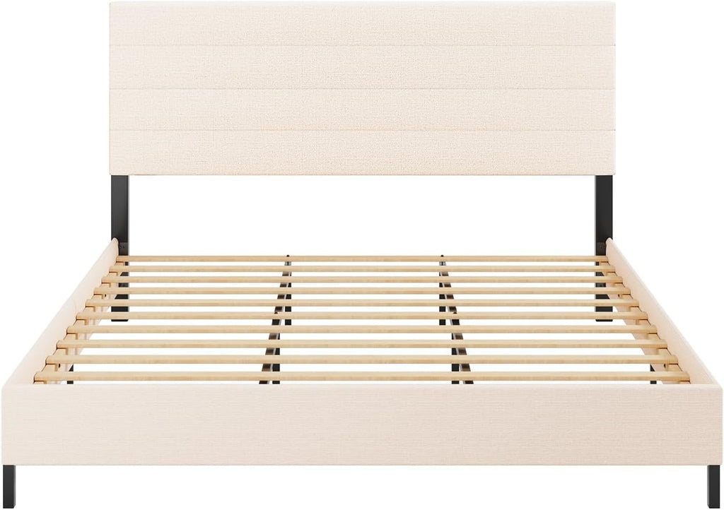 Furnihome King Size Bed Frame, Modern Upholstered Bed Frame King with Adjustable Linen Headboard, Wooden Slats Support Platform, No Box Spring Needed,Easy Assembly,Beige