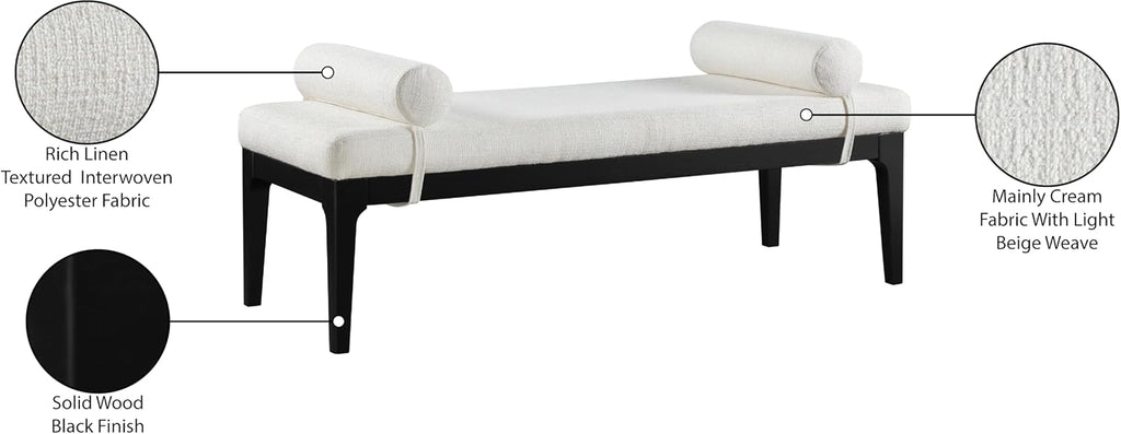 Meridian Furniture 22073Cream Priscilla Collection Art Deco Bench with Rich Linen Textured Interwoven Polyester Fabric, Light Beige Weave, Finished Solid Wood, 52' W x 22' D x 23.5' H, Cream