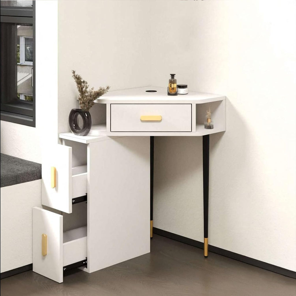 Corner Makeup Vanity Wood with Open Shelf and Drawers Multifunctional Large Storage Cabinet for Cosmetics Organization-B