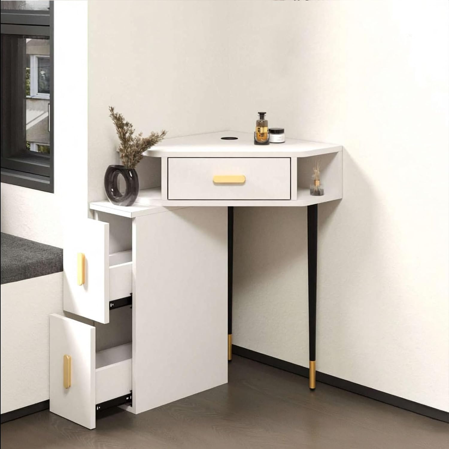 Corner Makeup Vanity Wood with Open Shelf and Drawers Multifunctional Large Storage Cabinet for Cosmetics Organization-A