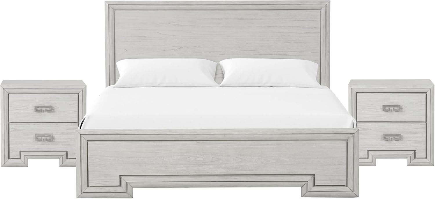 Furniture of America Babsi Modern Wood 3-Piece Bedroom Set with Greek Key Pull, USB Chargers on Nightstand, Felt-Lined Top & Cedarwood-Lined Bottom Drawers, Box Spring Needed, King, Rustic White