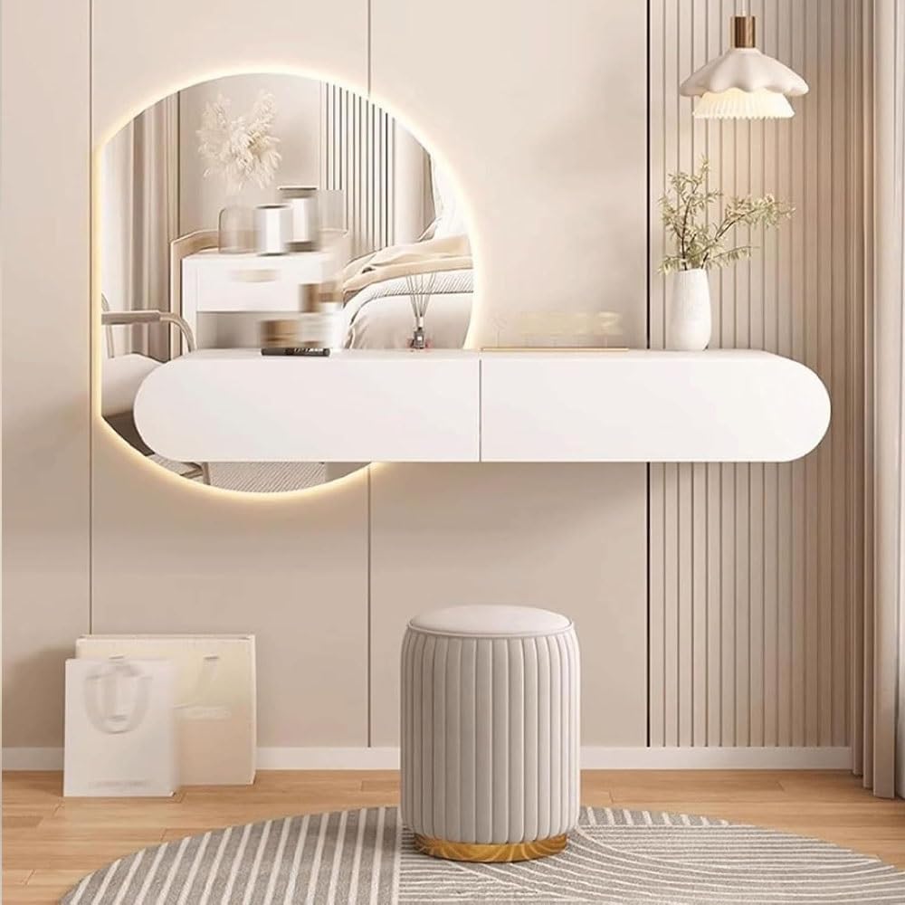 Floating Makeup Vanity with 2 Drawers, Simple Wall Mounted Desk with Rounded Corners, Multi-Functional White Vanity for Bedroom, Dressing Room(95cm/37.4in)