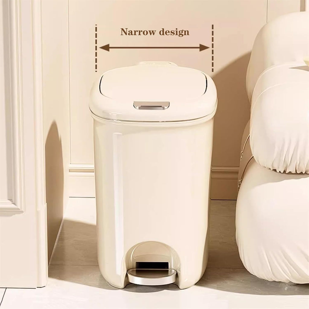 20L Slim Plastic Garbage Bin with Lid for Bathroom Office Bedroom Smart Step Pedal Trash Can Beige Color