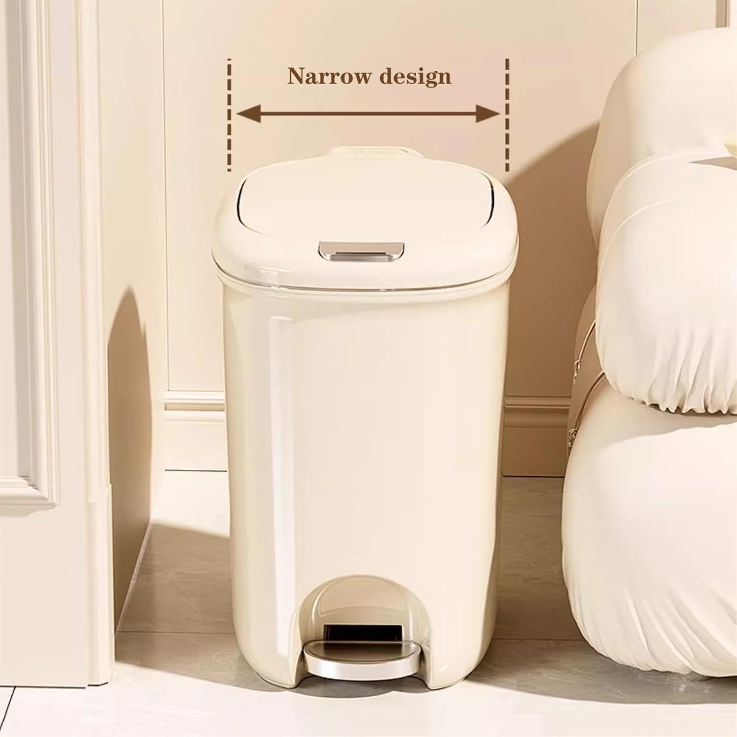 20L Slim Plastic Garbage Bin with Lid for Bathroom Office Bedroom Smart Step Pedal Trash Can Beige Color